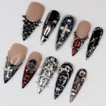 Gothic Cross Press On Nails, Black Silver Chrome Nail Set, Handmade Reusable Stiletto Nails, Punk Spiked Rhinestone Custom Fit Nails - Image 9