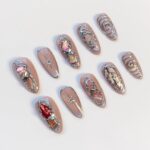 Moonstone Chrome Press On Nails, Nude Silver Fake Nails, Handmade Metallic Nail Set, Celestial Star Nail Art, Glossy Reusable Almond Nails - Image 6
