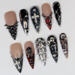Gothic Cross Press On Nails, Black Silver Chrome Nail Set, Handmade Reusable Stiletto Nails, Punk Spiked Rhinestone Custom Fit Nails - Image 8