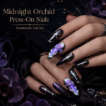 Midnight Orchid Press On Nails, Black Purple Fake Nails, Handmade Gothic Nail Set, 3D Flower Nail Art, Luxury Stiletto Nails