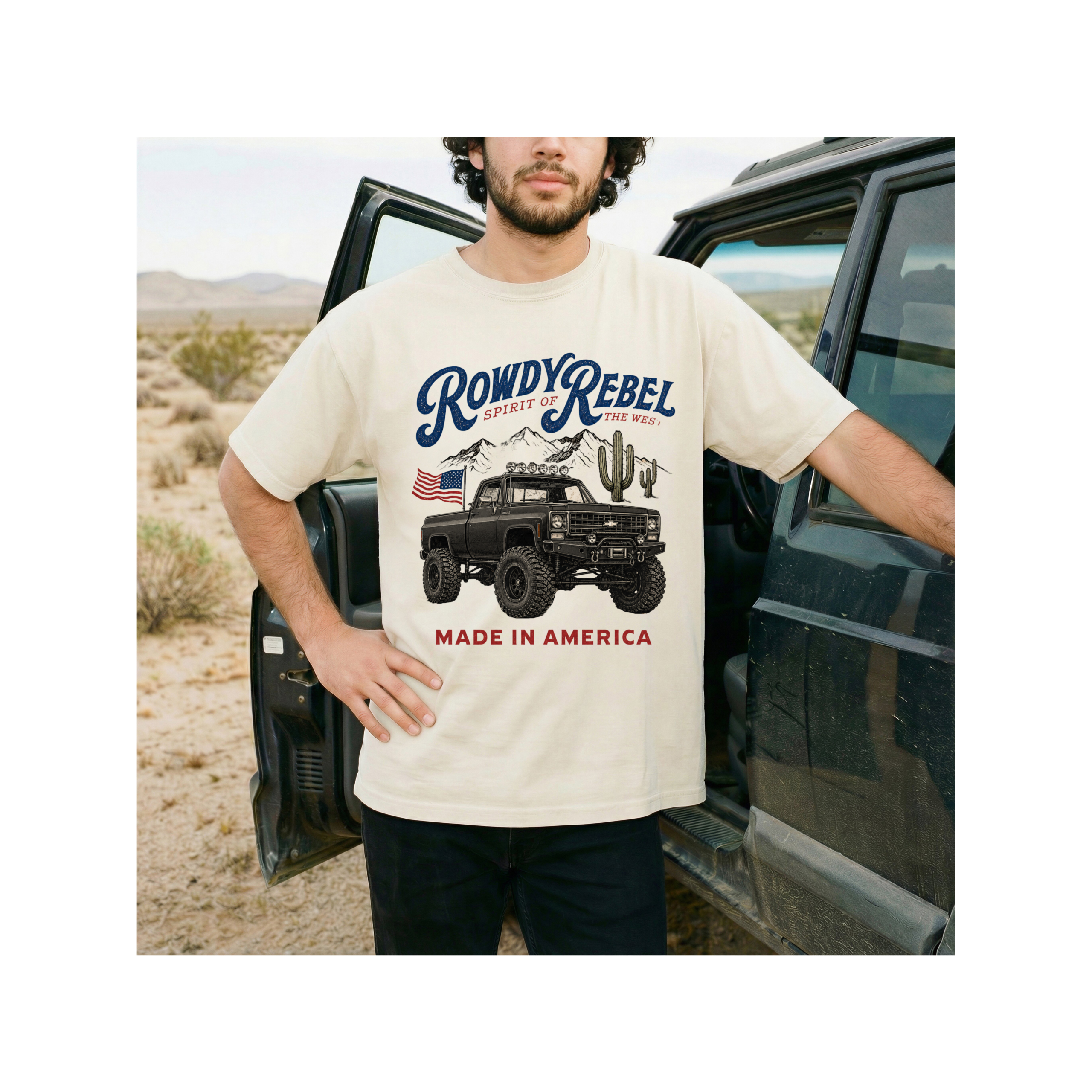 CamNhung (10) Western Truck Shirt, Rowdy Rebel Made in America T-Shirt, Patriotic Country Tee, 4x4 Off Road Truck Lover Gift for Men - Image 1