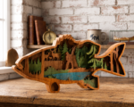 Rustic Wooden Bass Wall Art, Layered Fishing Lake Scene Decor, Handmade Fisherman Gift, Cabin Woodland Wall Hanging, Nature Wood Sign
