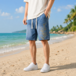 Embroidered Loose Fit Denim Shorts, Streetwear Drawstring Waist Summer Jeans - Image 4