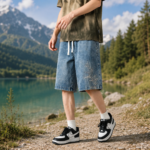 Embroidered Loose Fit Denim Shorts, Streetwear Drawstring Waist Summer Jeans - Image 3