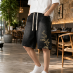 Embroidered Loose Fit Denim Shorts, Streetwear Drawstring Waist Summer Jeans - Image 2