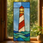 Stained Glass Lighthouse Suncatcher – Handmade Colorful Window Panel, Coastal Home Decor, Nautical Wall Art, Glass Lighthouse Hanging Gift
