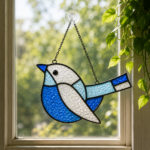 **Blue Bird Stained Glass Pattern PDF, Printable Bird Suncatcher Template, Tiffany Style Glass Art Design, DIY Window Hanging Digital Download**