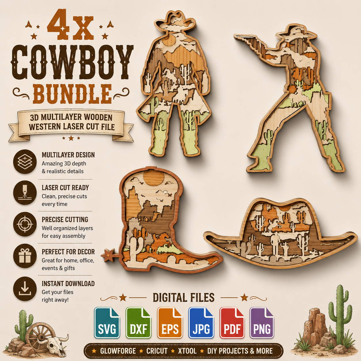 ChatGPT Image 21_27_51 31 thg 5, 2026 4x Cowboy Bundle 3D Multilayer Laser Cut File | Western Wooden Decor for Glowforge Xtool Cricut CNC | Svg Dxf Eps Png - Image 1