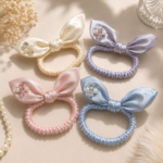 Satin Bunny Ear Scrunchie, Cute Rabbit Ear Hair Tie, Pearl Rhinestone Hair Accessory, Pastel Ponytail Holder for Women Girls