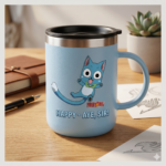 Happy Fairy Tail Mug - Cute Anime Coffee Cup - Blue Insulated Stainless Steel Travel Mug with Handle - Anime Lover Gift, Kawaii Cat Tumbler