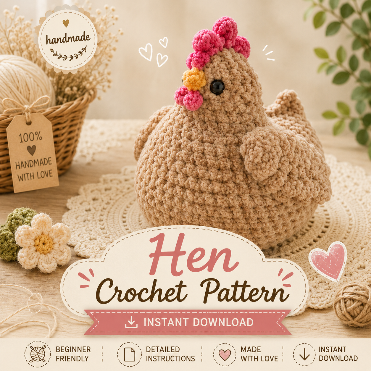 HenCrochet1 Hen Crochet Pattern PDF, Easy Amigurumi Chicken, Crochet Farm Animal Tutorial, Instant Download - Image 1