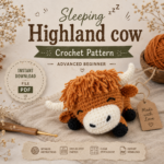 Crochet Sleeping Highland Cow Pattern PDF, Amigurumi Cow Tutorial, Fluffy Laying Cow Plushie, Nursery Decor, Highland Cow Gift Download
