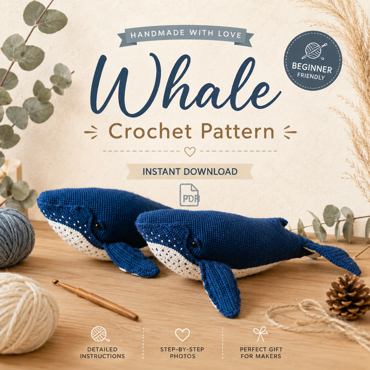 Whale1 Crochet Blue Whale Pattern PDF, Amigurumi Whale Tutorial, Sea Animal Crochet Pattern, Whale Gift Digital Download - Image 1