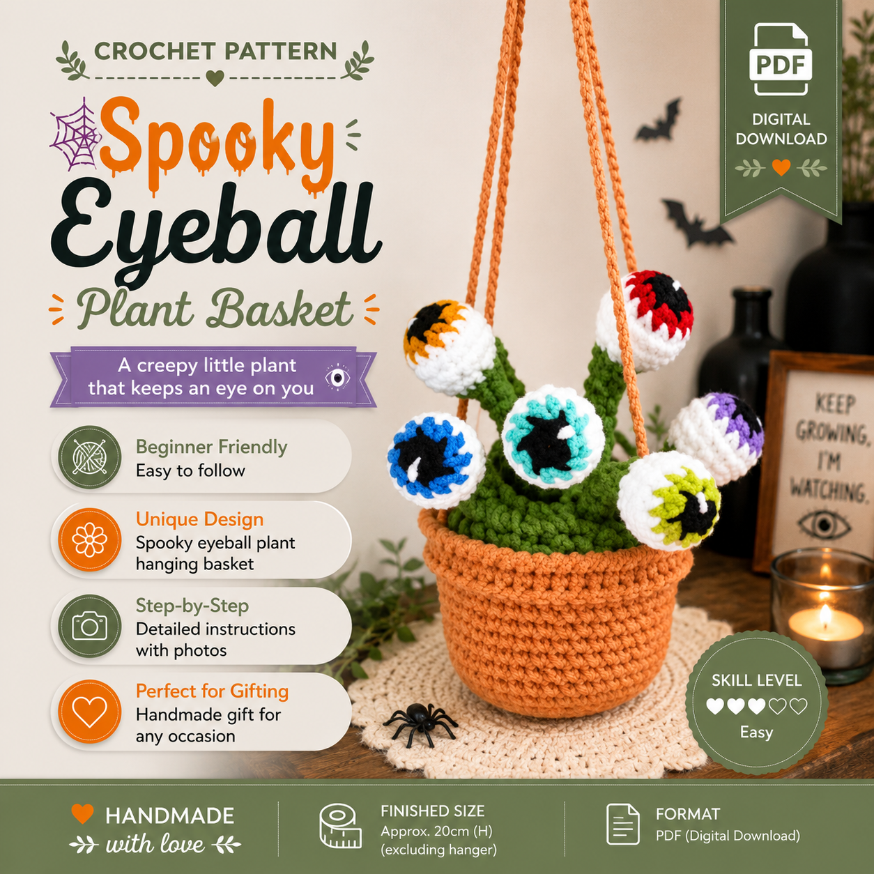 b2ee25c9-2aa7-4a60-8ebe-2f6ce6b8ff71 Halloween Eyeball Car Hanging Crochet Pattern PDF, Rearview Mirror Charm, Spooky Car Decor, Amigurumi Ornament - Image 1