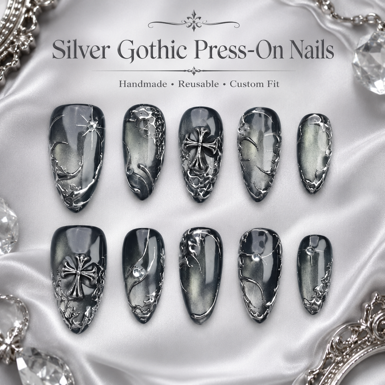 b3702a47-81f0-459f-8d9b-f5e958f6e200 Silver Gothic Press On Nails, Chrome Gray Nail Set, Handmade Reusable Cross Nails, Elegant 3D Metallic Custom Fit Nails - Image 1