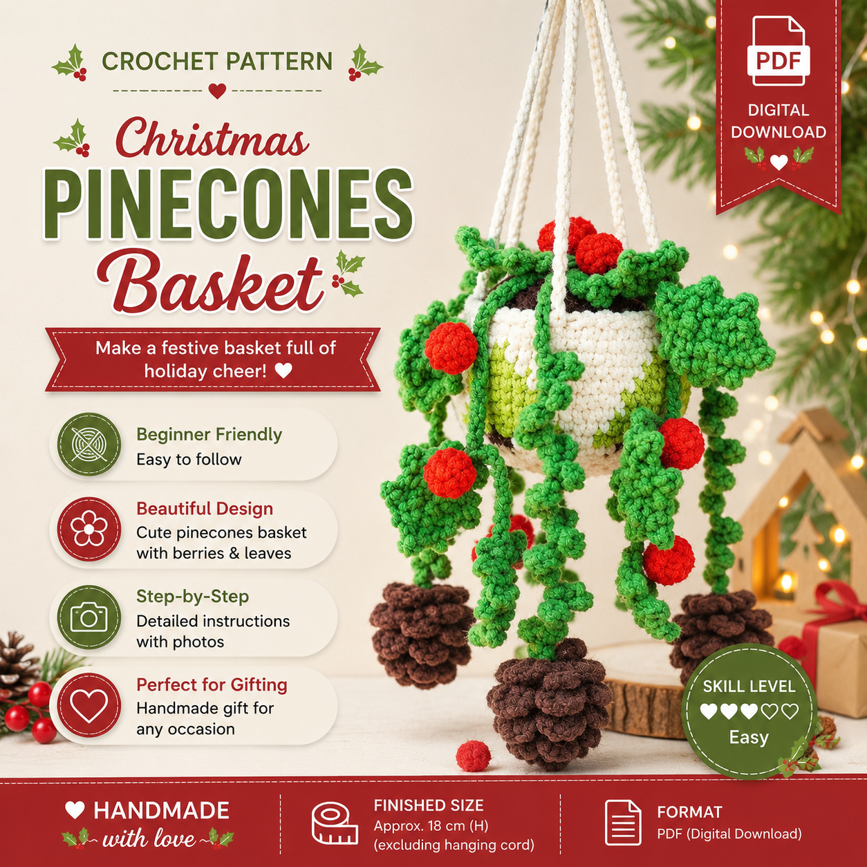 b3b3cf2e-109c-4638-876e-fd7e3a88990b Pinecone Hanging Basket Crochet Pattern, Car Hanging Ornament PDF, Rear View Mirror Decor, Christmas Car Charm - Image 1