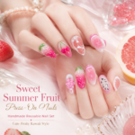 Sweet Summer Fruit Press On Nails, Pink Strawberry Cherry Nail Set, Handmade Reusable Fake Nails, Cute Fruity Kawaii Nails