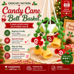Candy Cane Bell Basket Crochet Pattern, Car Mirror Charm, Christmas Hanging Ornament, Festive Holiday Decor PDF