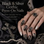 Black Silver Gothic Press On Nails, Luxury Cross Chrome Nail Set, Handmade Reusable Fake Nails, Lace Goth Glam Nails