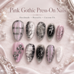 Pink Gothic Press On Nails, Handmade Reusable Cross Nail Set, Soft Pink Silver Chrome Nails, Romantic Goth Custom Fit Nails