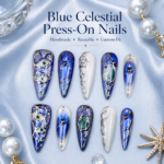 Blue Celestial Press On Nails, Iridescent Chrome Nail Set, Handmade Reusable Galaxy Nails, Silver 3D Gem Custom Fit Nails
