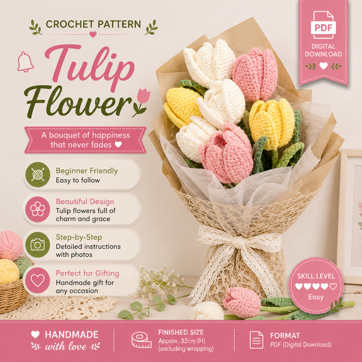 f21ba97b-6b44-4a1d-9496-2127fff742ee Tulip Bouquet Crochet Pattern PDF, Crochet Flower Pattern, Tulip Flowers, Floral Arrangement, Digital Download - Image 1