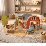 Wooden Farm Playset, Montessori Barn with Animals, Toddler Educational Toy, Birthday Gift