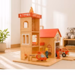 Wooden Fire Station Playset, Toddler Fire Truck Helicopter, Montessori Educational Toy