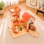 Wooden Fire Station Playset, Toddler Fire Truck Helicopter, Montessori Educational Toy - Image 2