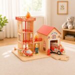Wooden Fire Station Playset, Toddler Fire Truck Helicopter, Montessori Educational Toy - Image 3