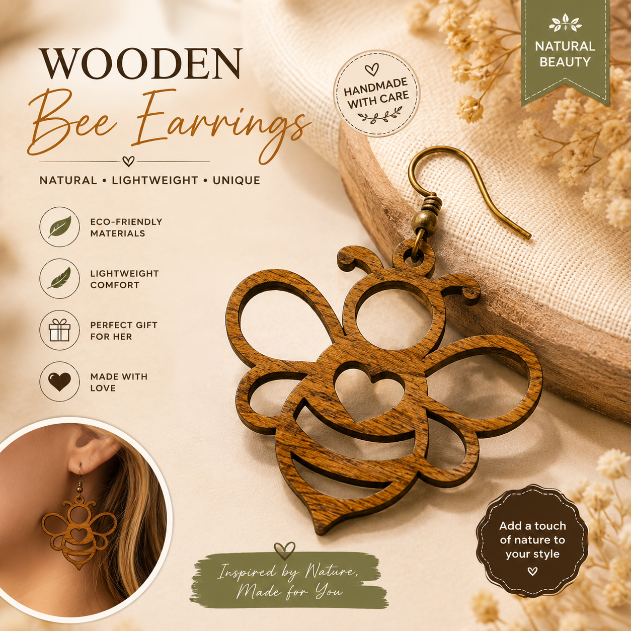 001b2f07-834a-4dc7-8746-eb30ed5cff68 Wooden Bee Earrings SVG | Laser Cut Bee Earrings Template | Bee Jewelry Digital Download | Glowforge File | CNC Cut Design - Image 1