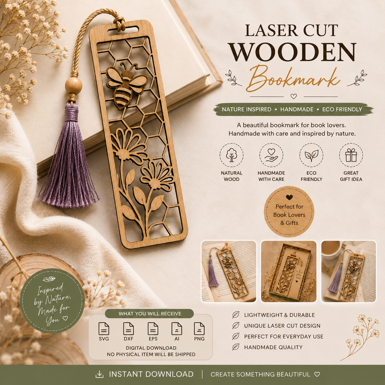 06b5845b-7c2d-4a34-9940-0b17934d4a15 Bee Bookmark SVG | Wooden Bookmark Laser Cut File | Honeycomb Floral Design | Glowforge Digital Download - Image 1