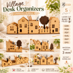 Village Desk Organizer Laser Cut Bundle, Wooden Office Storage SVG, Pencil Holder DXF, Desk Decor CNC Files