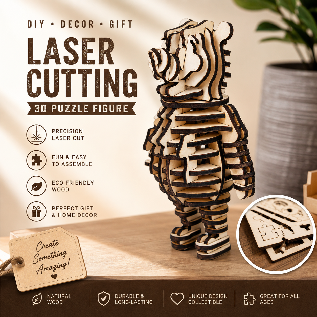 1 Funny Cartoon Animal 3D Puzzle SVG | Laser Cut Wood Design | CNC Router File | DIY Wooden Toy | Glowforge Ready Digital Download - Image 1