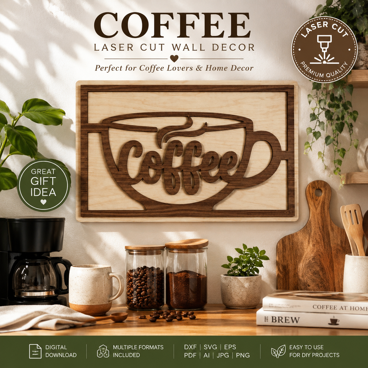 1 Coffee Laser Cut Wall Decor SVG | Coffee Cup Wooden Sign | Coffee Lover Gift | Farmhouse Kitchen Wall Art | CNC Laser Cut Files DXF EPS PNG - Image 1