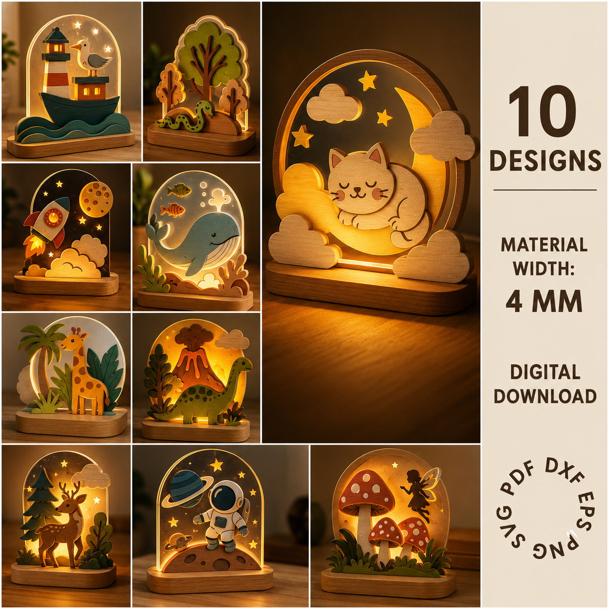 1 Kids LED Stand Laser Cut Bundle SVG | Night Light Display Base DXF | Glow Lamp Stand CNC Files | Wooden LED Light Holder Template PDF EPS PNG - Image 1