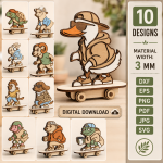 3D Skateboarding Animals Laser Cut Files | Animal Skateboard SVG Bundle | Kids Nursery Decor Glowforge CNC Digital Download