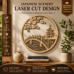 Japanese Scenery Laser Cut SVG File | Cherry Blossom Bridge Pagoda Layered Wood Design | Glowforge CNC DXF EPS PNG