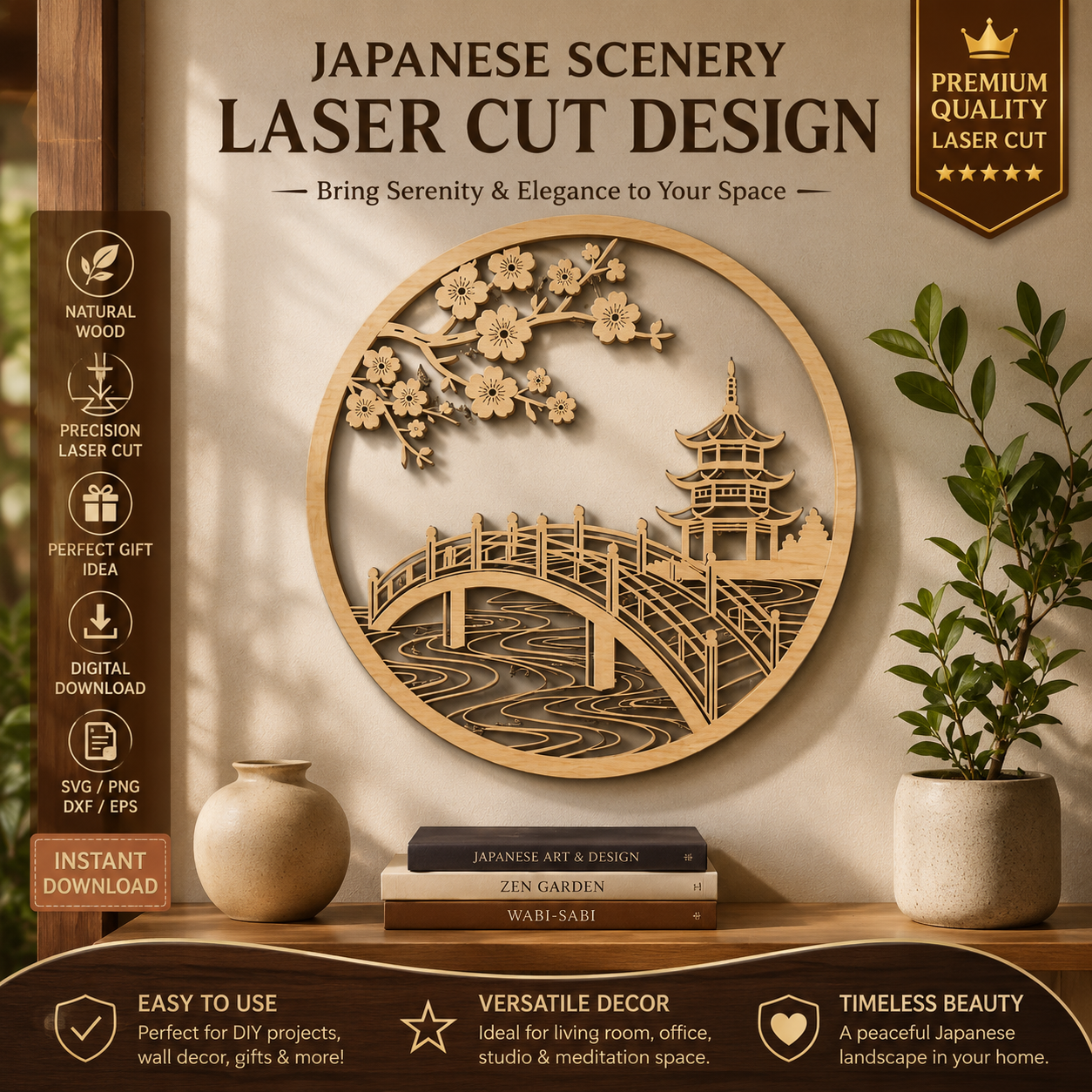1 Japanese Scenery Laser Cut SVG File | Cherry Blossom Bridge Pagoda Layered Wood Design | Glowforge CNC DXF EPS PNG - Image 1