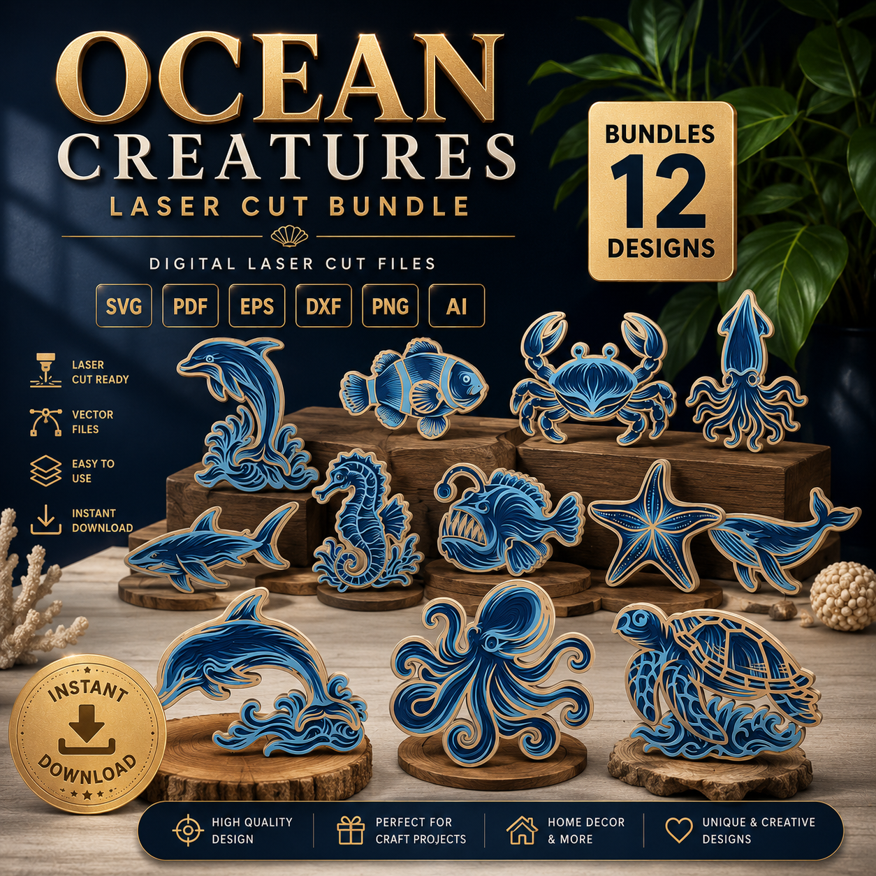 1 Ocean Life Laser Cut Files, SVG DXF PDF Bundle, Marine Animal Wall Art, DIY Wooden Decor - Image 1