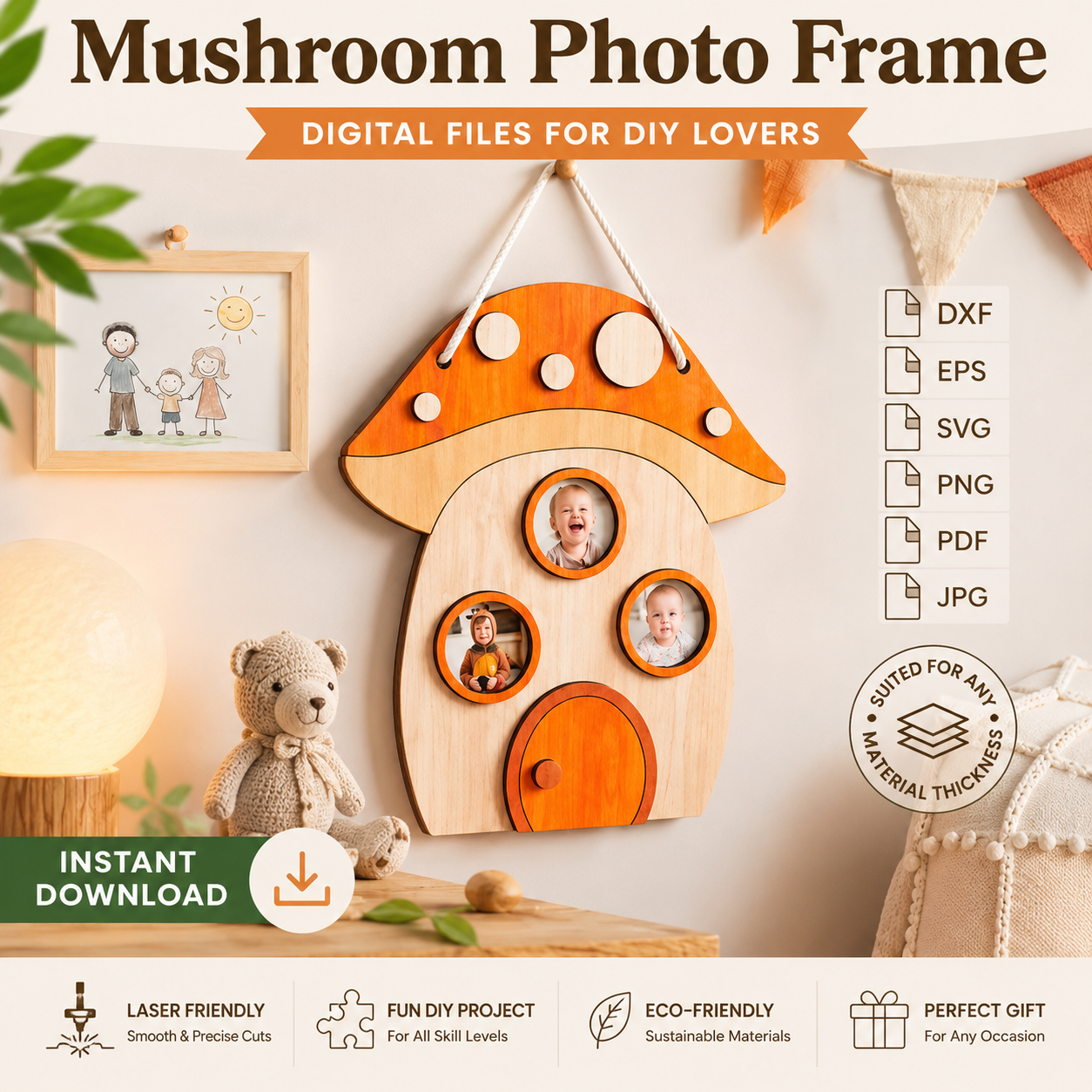 1 Mushroom Photo Frame SVG | 3D Wooden Picture Frame Laser Cut Files | Nursery Decor | Cricut Glowforge xTool | SVG DXF PNG PDF - Image 1