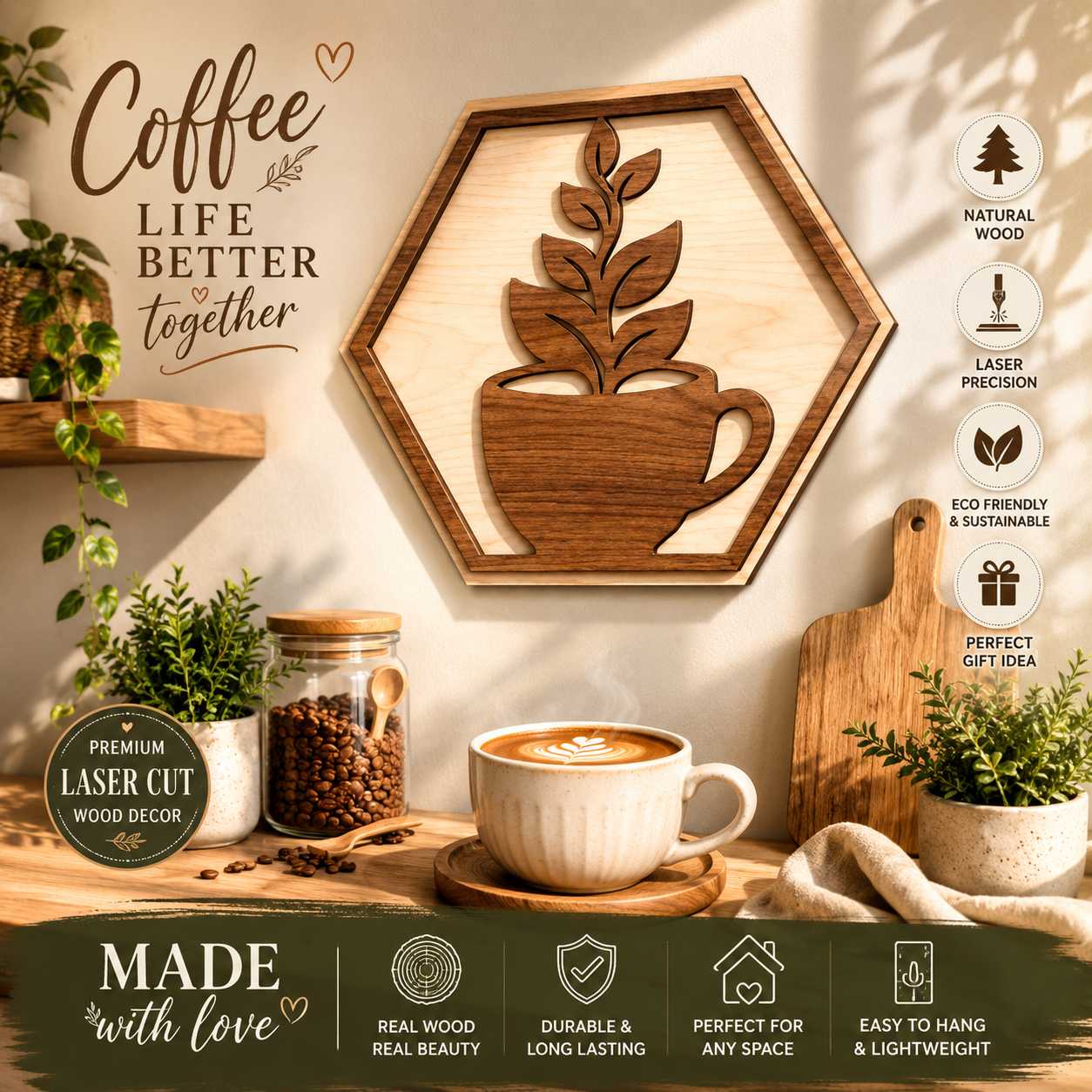 1 Coffee Wall Decor SVG | 3D Layered Coffee Cup Laser Cut File | Farmhouse Kitchen Sign | Glowforge Wood Craft Template - Image 1