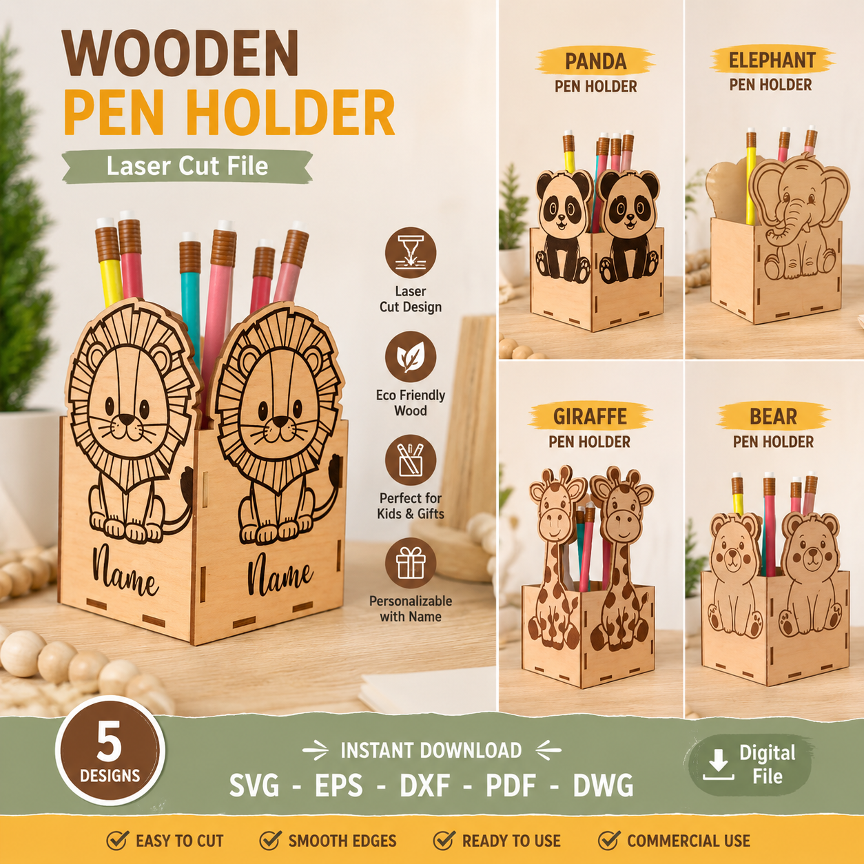 1 Cute Animal Pencil Holder SVG Bundle | Animal Desk Organizer Laser Cut Files | SVG DXF EPS AI PDF for Cricut & Glowforge - Image 1