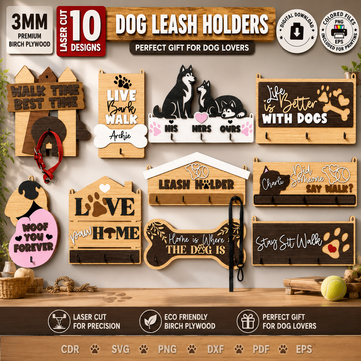 1 Dog Leash Holders Laser Cut Bundle, Pet Leash Rack SVG, Dog Collar Hanger, Paw Wall Hooks, CNC Digital Download Files - Image 1