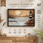 Lighthouse Layered Wood Art SVG | Ocean Sunset Laser Cut File | 3D Wooden Wall Hanging DXF PNG PDF EPS for Glowforge CNC 2.
