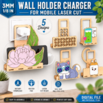 Wall Mounted Phone Charger Holder, Laser Cut Design, Mobile Phone Dock Station, Cable Holder Organizer Gift