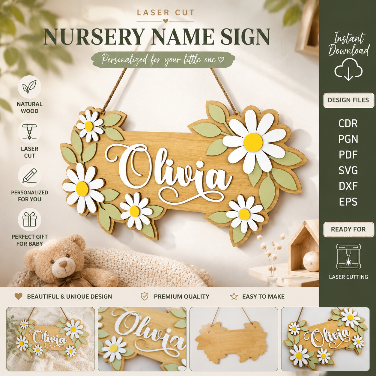 1 Cut Bundle Daisy Nursery Name Sign SVG Bundle | Custom Baby Girl Room Decor | Laser Cut Files SVG DXF EPS PDF CDR - Image 1