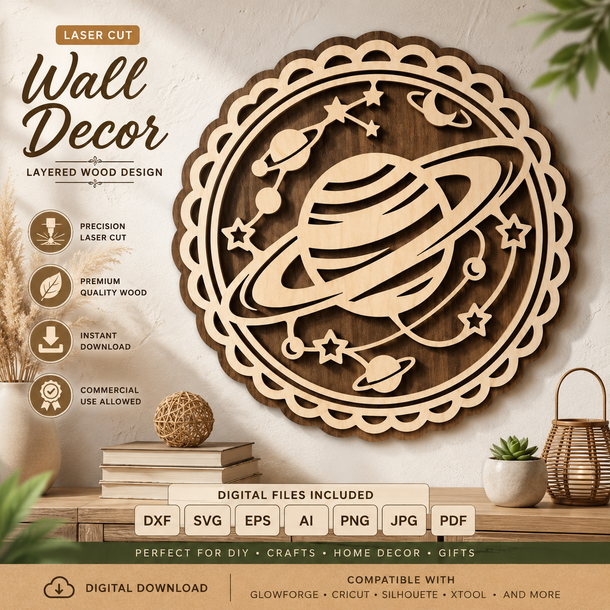 1 Planet Wall Decor SVG Bundle | Space Nursery Laser Cut File | Layered Wooden Planet Sign SVG for Glowforge Cricut DXF EPS PNG - Image 1