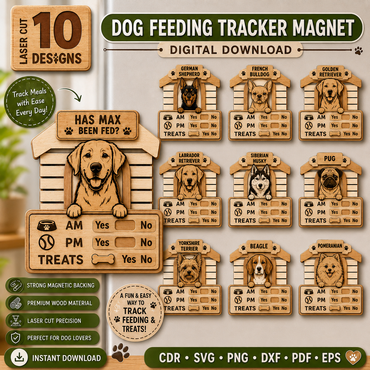 1 Dog Feeding Tracker Magnet SVG | Pet Care Reminder Laser Cut File | Dog Food Schedule Magnet | Puppy Meal Tracker | CNC Glowforge Digital Download - Image 1