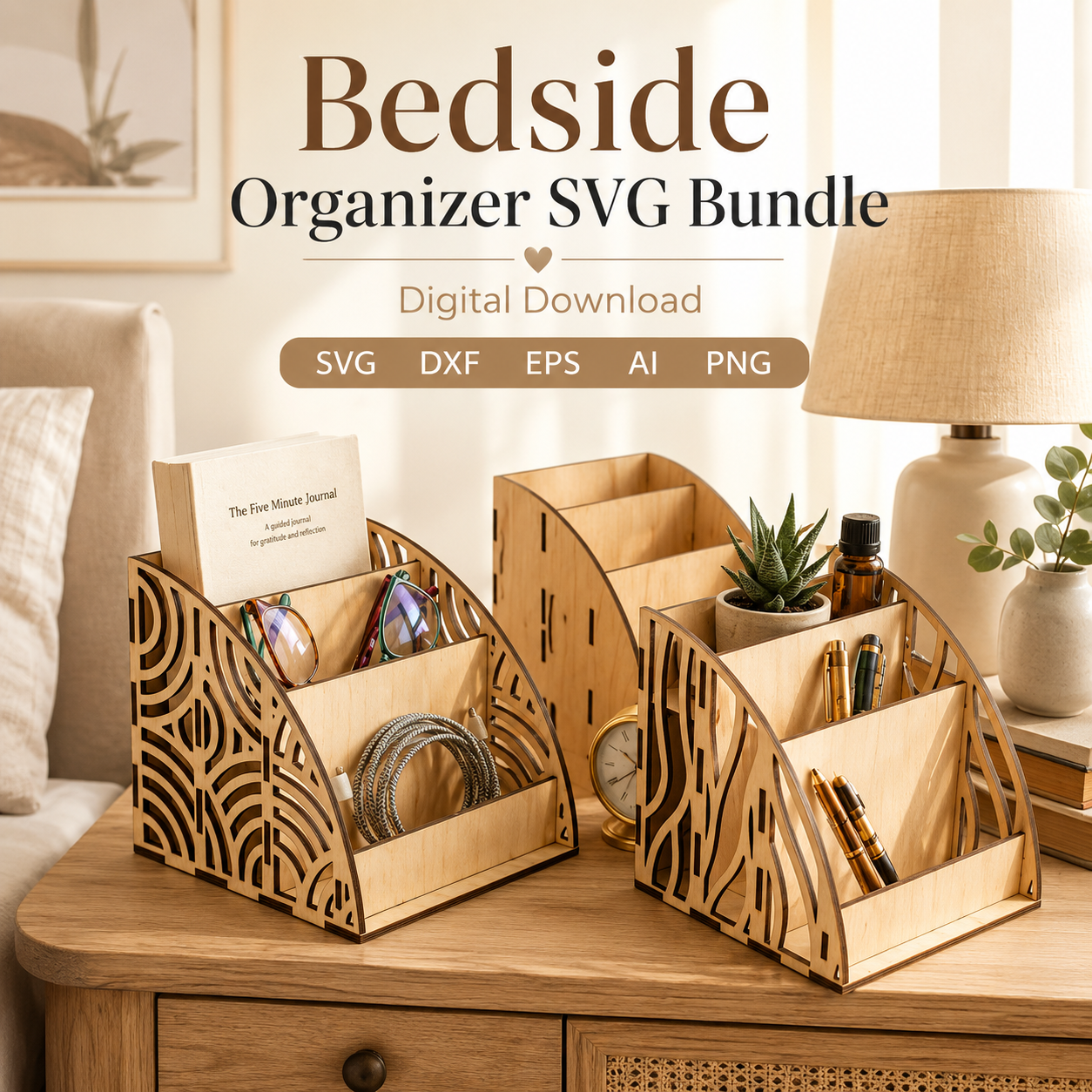 1 Laser Cut Bedside Organizer SVG, Nightstand Caddy DXF Files, Wooden Phone Holder Desk Storage, Glowforge CNC Digital Download - Image 1